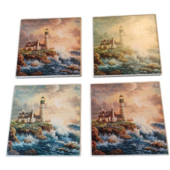 Lighthouse Coasters Stone Art Tile Set of 4 Cork Backs Nautical Sea Ocean - Picture 1 of 8